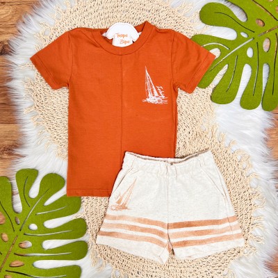 Conj. Camiseta Barco Bordado e Bermuda em Linho - Ferrugem e Areia